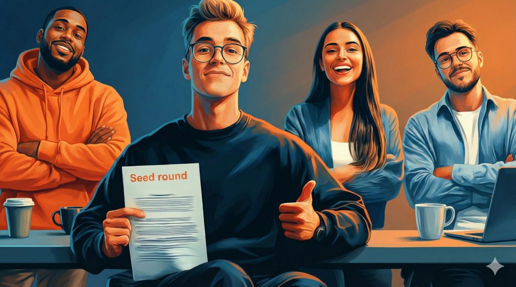 Startup founders preparing for a Seed Round - happy startup people