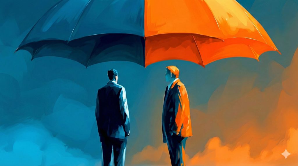 Two people standing under umbrella - awrranties in mergers and acquisitions