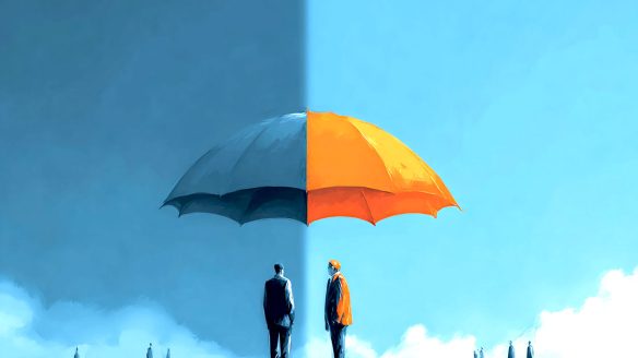 Two people standing under umbrella - awrranties in mergers and acquisitions