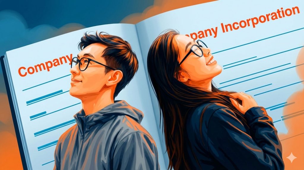 Startup founders are seeking the company incorporation, young couple on the documents background